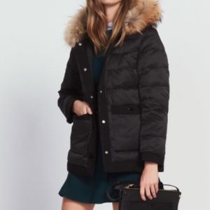 SANDRO COAT WITH GROSGRAIN DETAILS & FUR HOOD